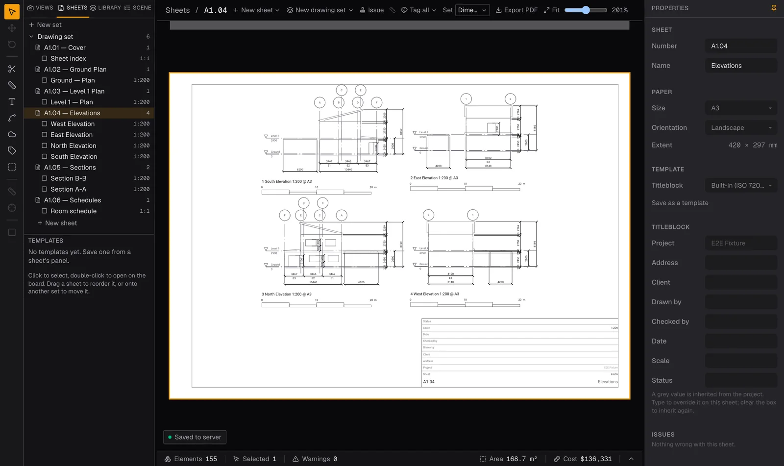 Drawings: an A3 sheet of four dimensioned elevations in a drawing set